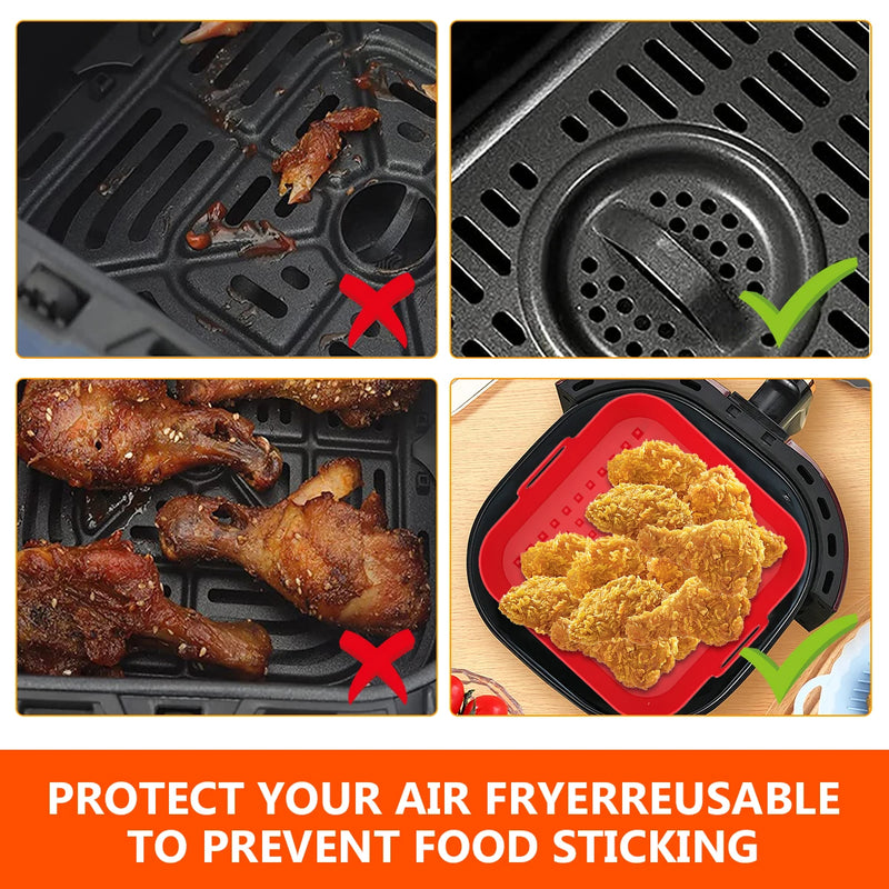 2Pcs Air Fryer Silicone Pad with Handle Reusable Square Basket Baking Pan Air Fryer Accessories Liners Heat Resistant for Oven