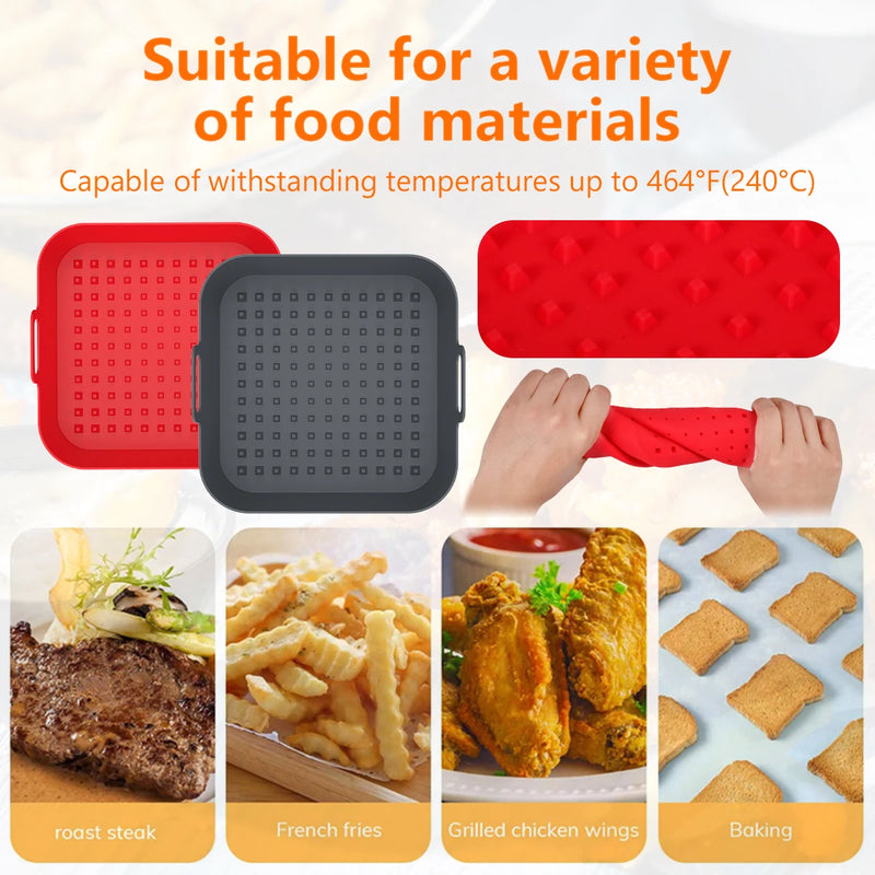 2Pcs Air Fryer Silicone Pad with Handle Reusable Square Basket Baking Pan Air Fryer Accessories Liners Heat Resistant for Oven