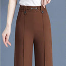 [Pague 3, Leve 5] Calças Femininas Lavina de Cintura Alta com Botões Frontais em Poliéster e Seda Gelo